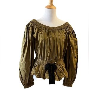 ULLA JOHNSON KIRA OFF SHOULDER PEPLUM BLOUSE GREEN BLACK SIZE 10 NEW WITH TAGS